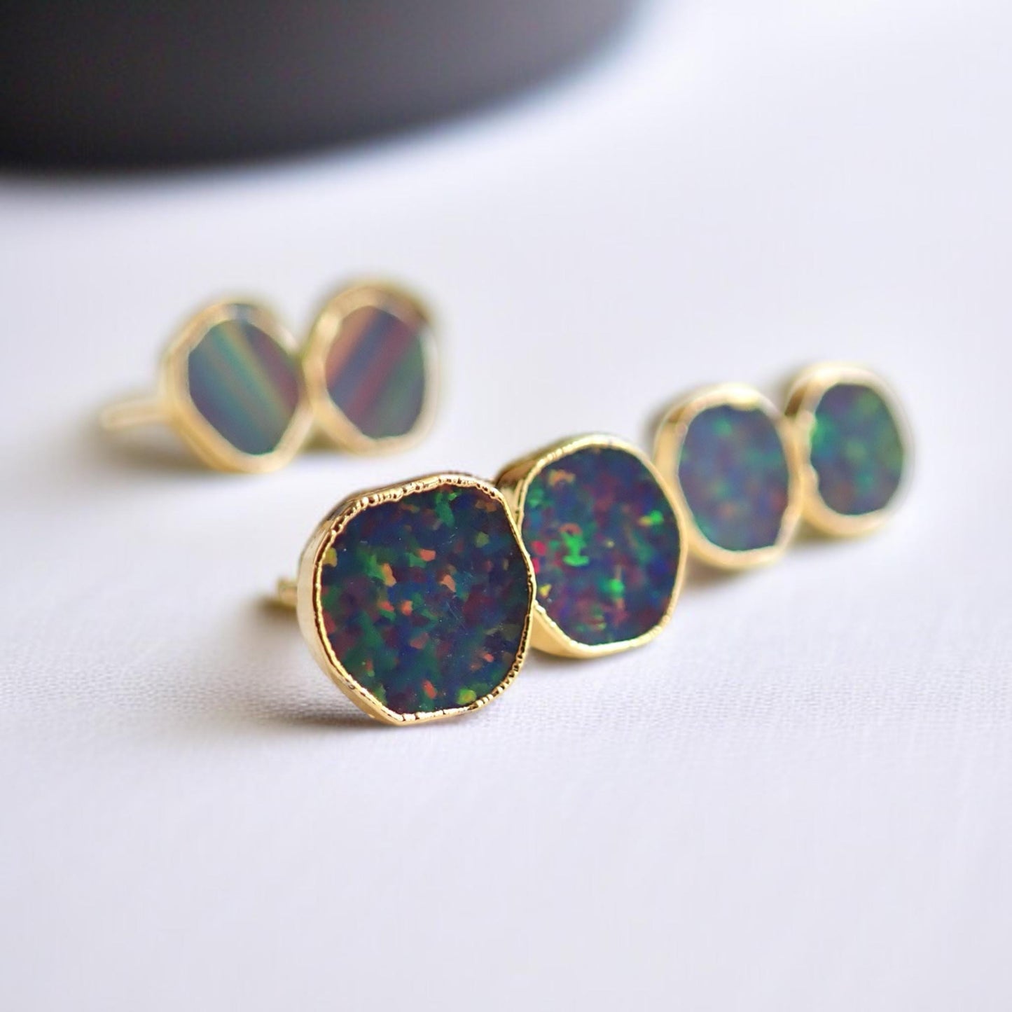 Black Opal Stud Earrings | 14k Gold Opal Earrings, October Birthstone Jewelry, Round Gemstone Earrings