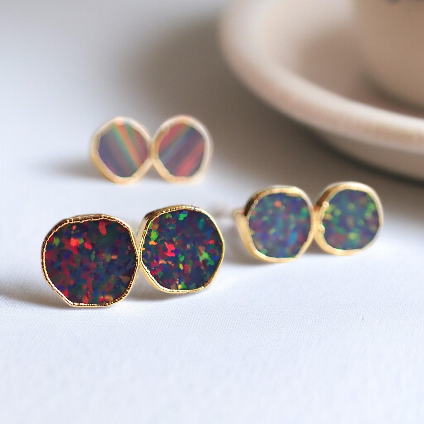 Black Opal Stud Earrings | 14k Gold Opal Earrings, October Birthstone Jewelry, Round Gemstone Earrings