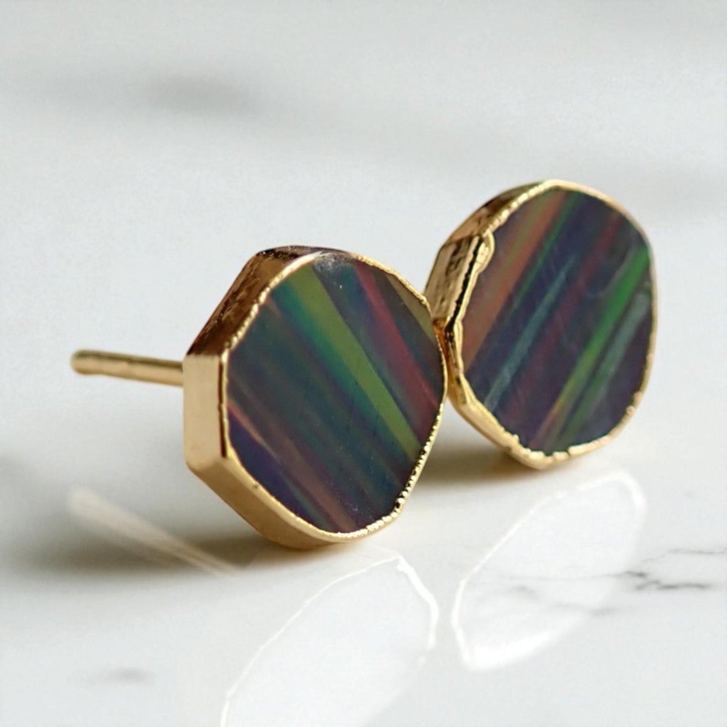 Black Opal Stud Earrings | 14k Gold Opal Earrings, October Birthstone Jewelry, Round Gemstone Earrings