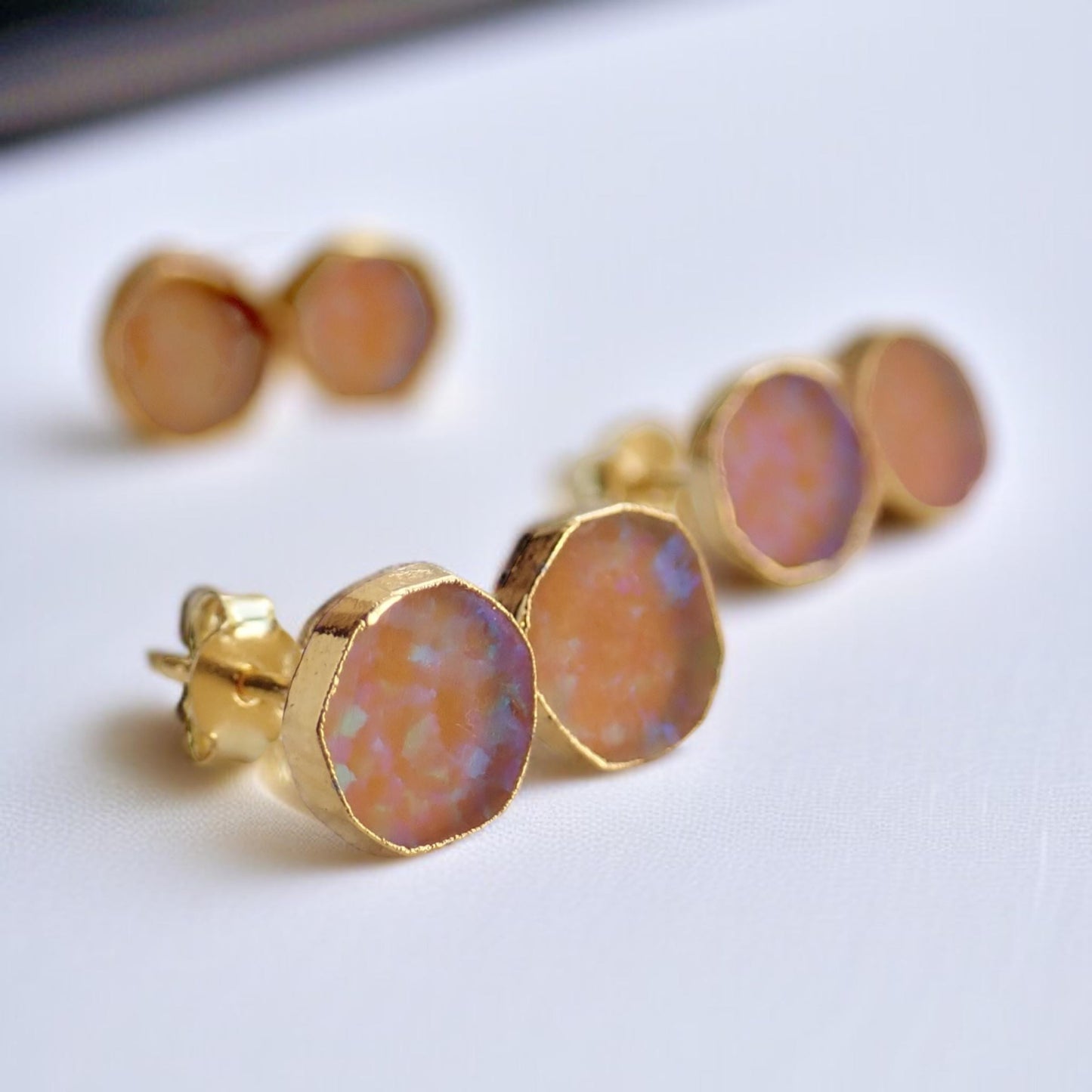 Orange Fire Opal Stud Earrings | 14k Gold Opal Earrings | October Birthstone Jewelry | Gift for Her, Opal Post Earrings, Round Gemstone Earrings