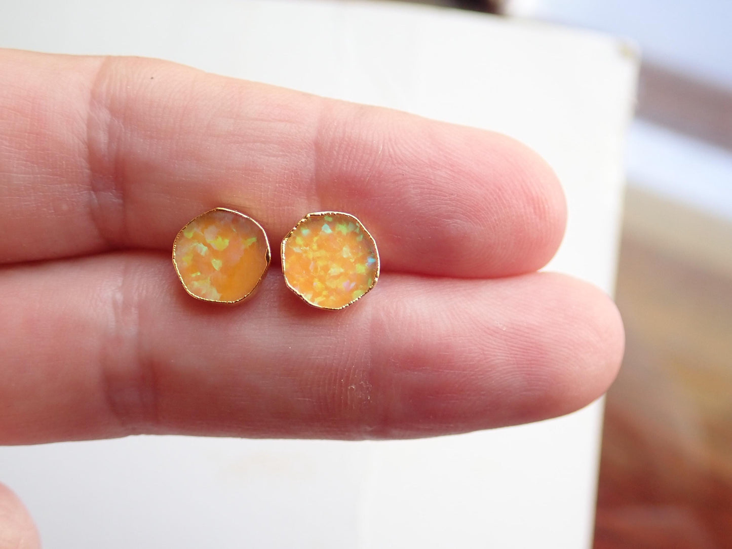 Orange Fire Opal Stud Earrings | 14k Gold Opal Earrings | October Birthstone Jewelry | Gift for Her, Opal Post Earrings, Round Gemstone Earrings