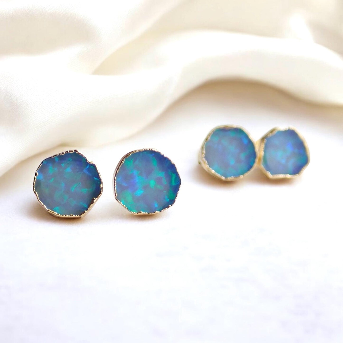 Blue Opal Stud Earrings | October Birthstone Jewelry | 14k Gold Opal Earrings | Opal Post Earrings, Round Gemstone Earrings, Gift for Her