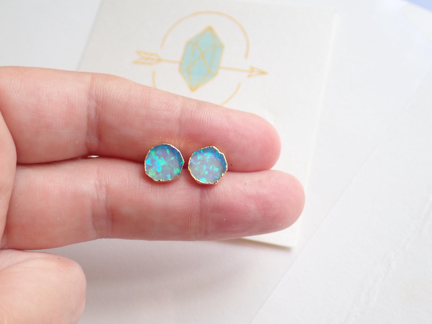 Blue Opal Stud Earrings | October Birthstone Jewelry | 14k Gold Opal Earrings | Opal Post Earrings, Round Gemstone Earrings, Gift for Her