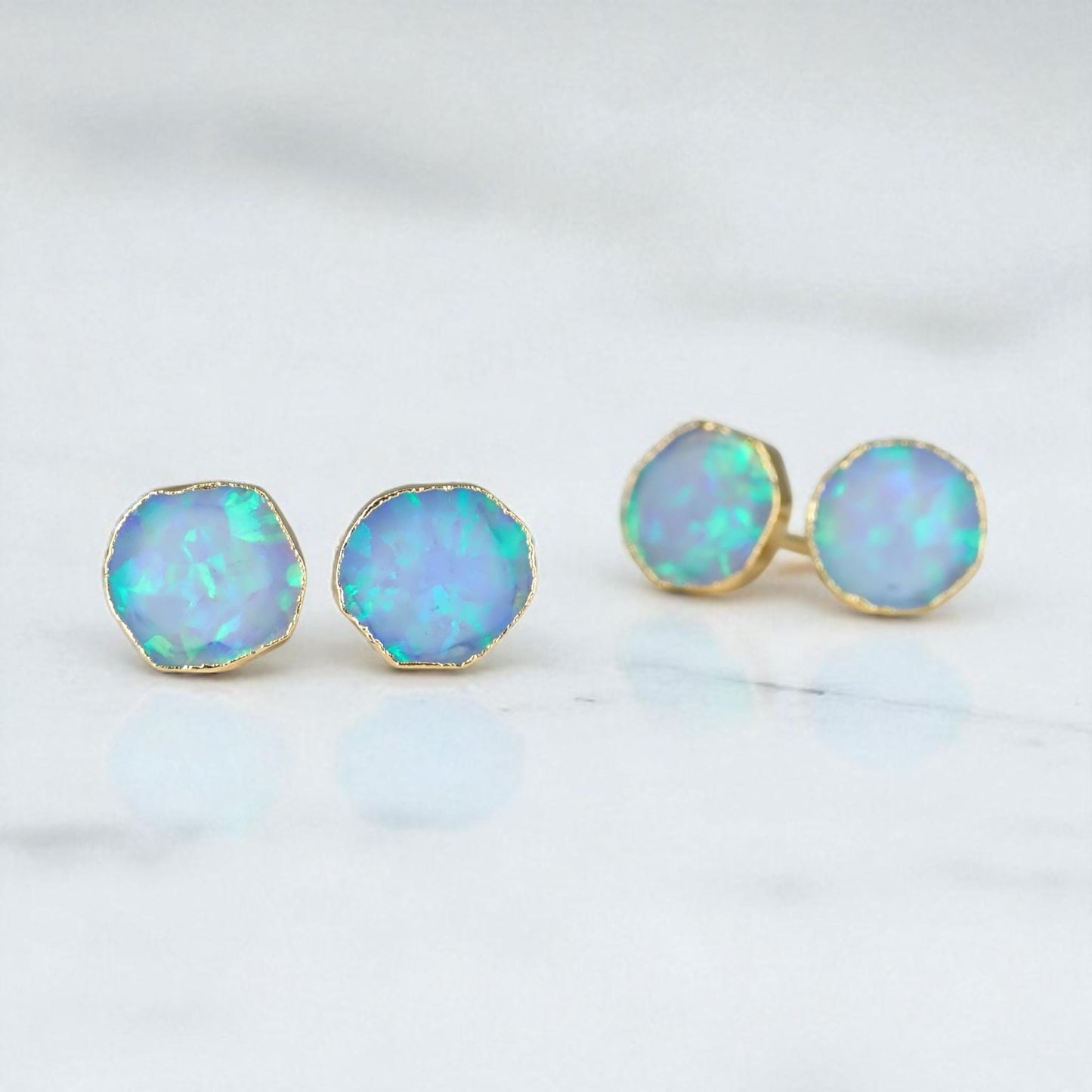 Blue Opal Stud Earrings | October Birthstone Jewelry | 14k Gold Opal Earrings | Opal Post Earrings, Round Gemstone Earrings, Gift for Her