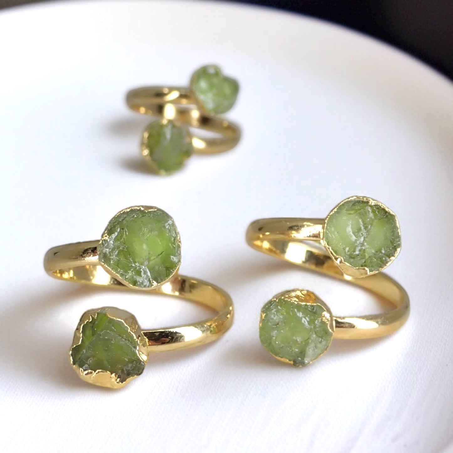 Raw Peridot Adjustable Ring – 14k Gold Open Wrap Ring with Two Natural Green Gemstones – August Birthstone Jewelry,Peridot Ring,Gift for Her