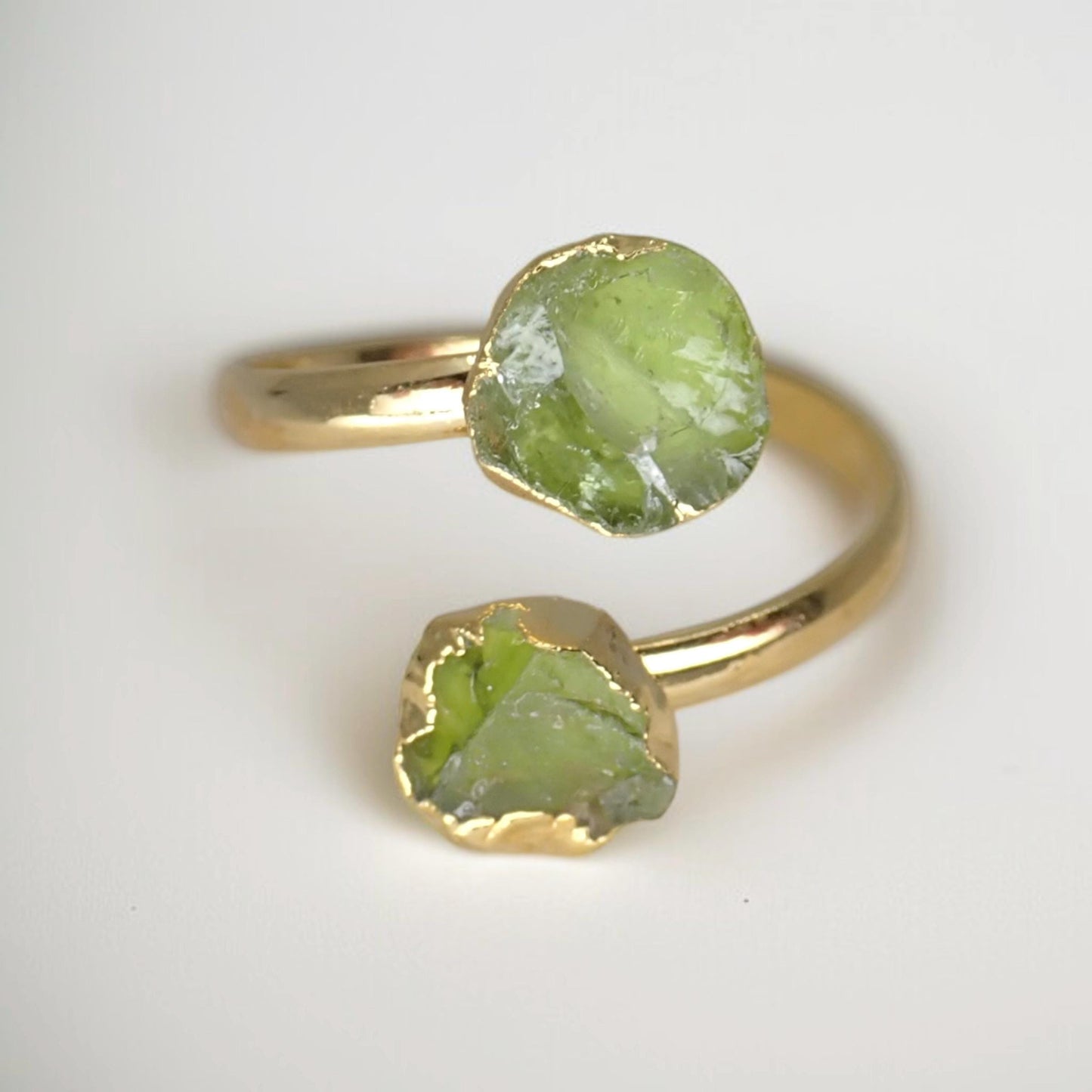 Raw Peridot Adjustable Ring – 14k Gold Open Wrap Ring with Two Natural Green Gemstones – August Birthstone Jewelry,Peridot Ring,Gift for Her