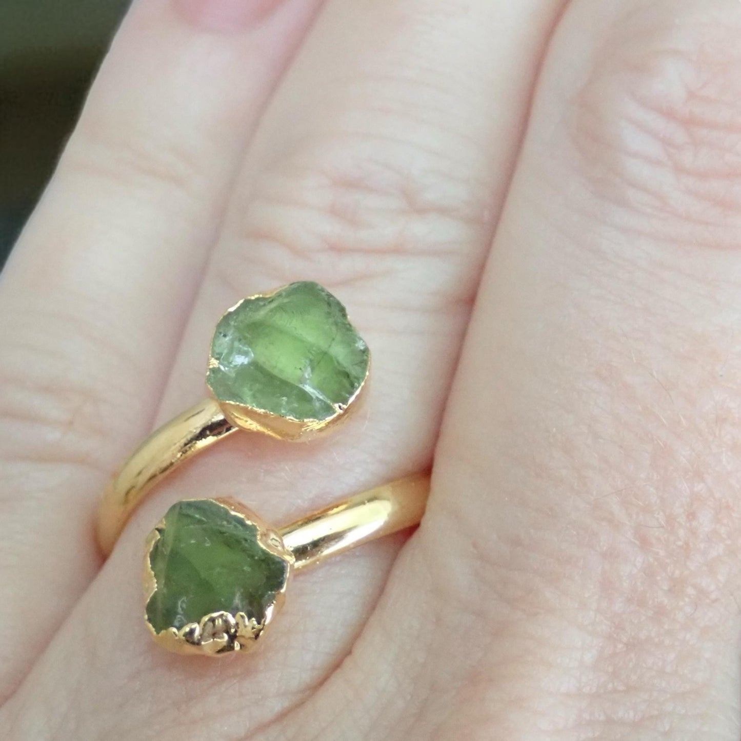 Raw Peridot Adjustable Ring – 14k Gold Open Wrap Ring with Two Natural Green Gemstones – August Birthstone Jewelry,Peridot Ring,Gift for Her