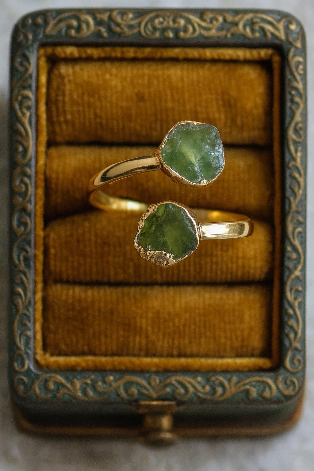 Raw Peridot Adjustable Ring – 14k Gold Open Wrap Ring with Two Natural Green Gemstones – August Birthstone Jewelry,Peridot Ring,Gift for Her