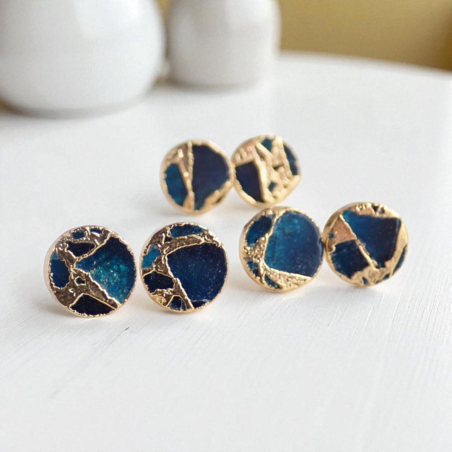 Deep Ocean Blue Mojave Turquoise Stud Earrings | Kintsugi Style Gemstone Earrings- Minimalist Boho Post Earrings - Round Gemstone Studs
