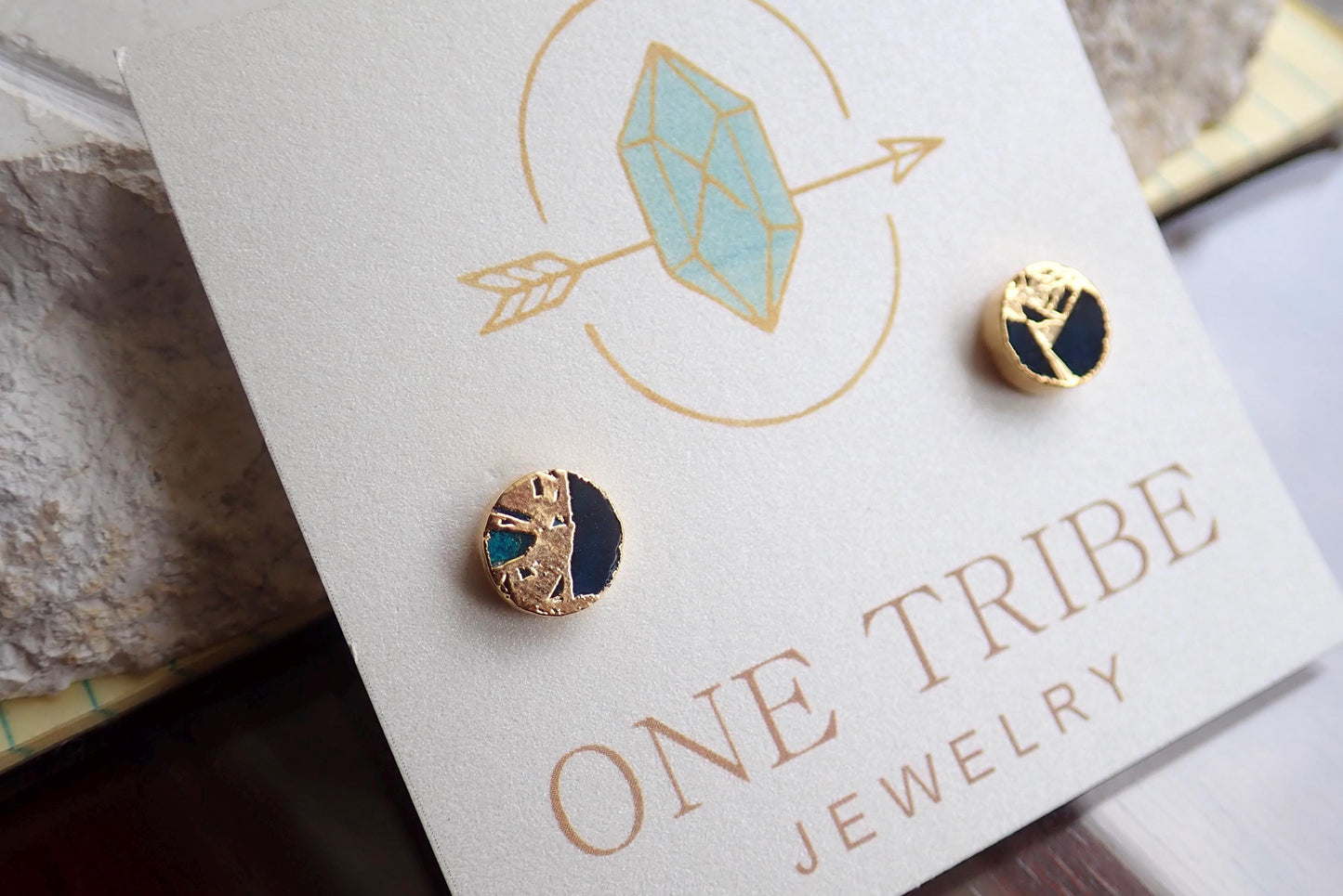 Deep Ocean Blue Mojave Turquoise Stud Earrings | Kintsugi Style Gemstone Earrings- Minimalist Boho Post Earrings - Round Gemstone Studs