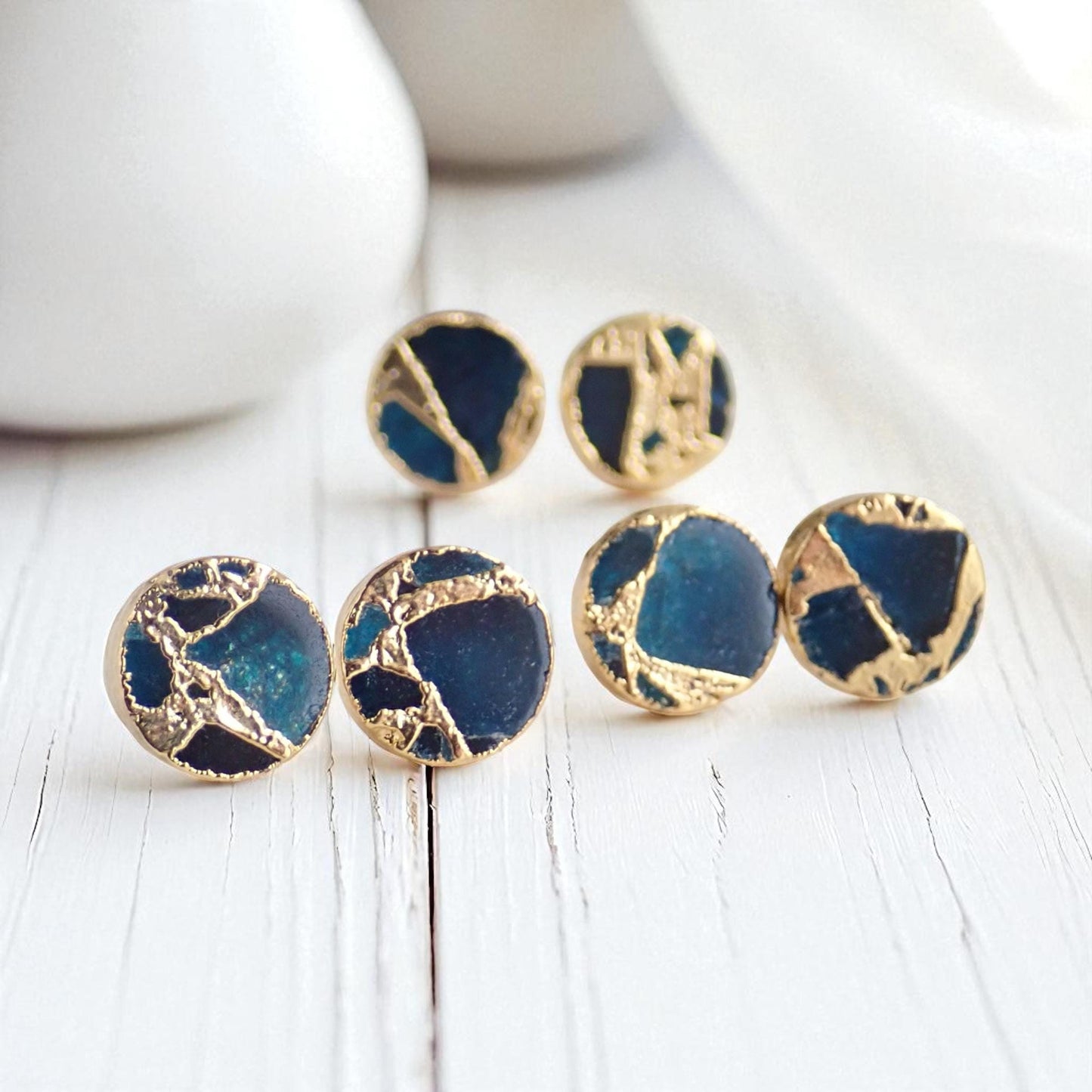 Deep Ocean Blue Mojave Turquoise Stud Earrings | Kintsugi Style Gemstone Earrings- Minimalist Boho Post Earrings - Round Gemstone Studs