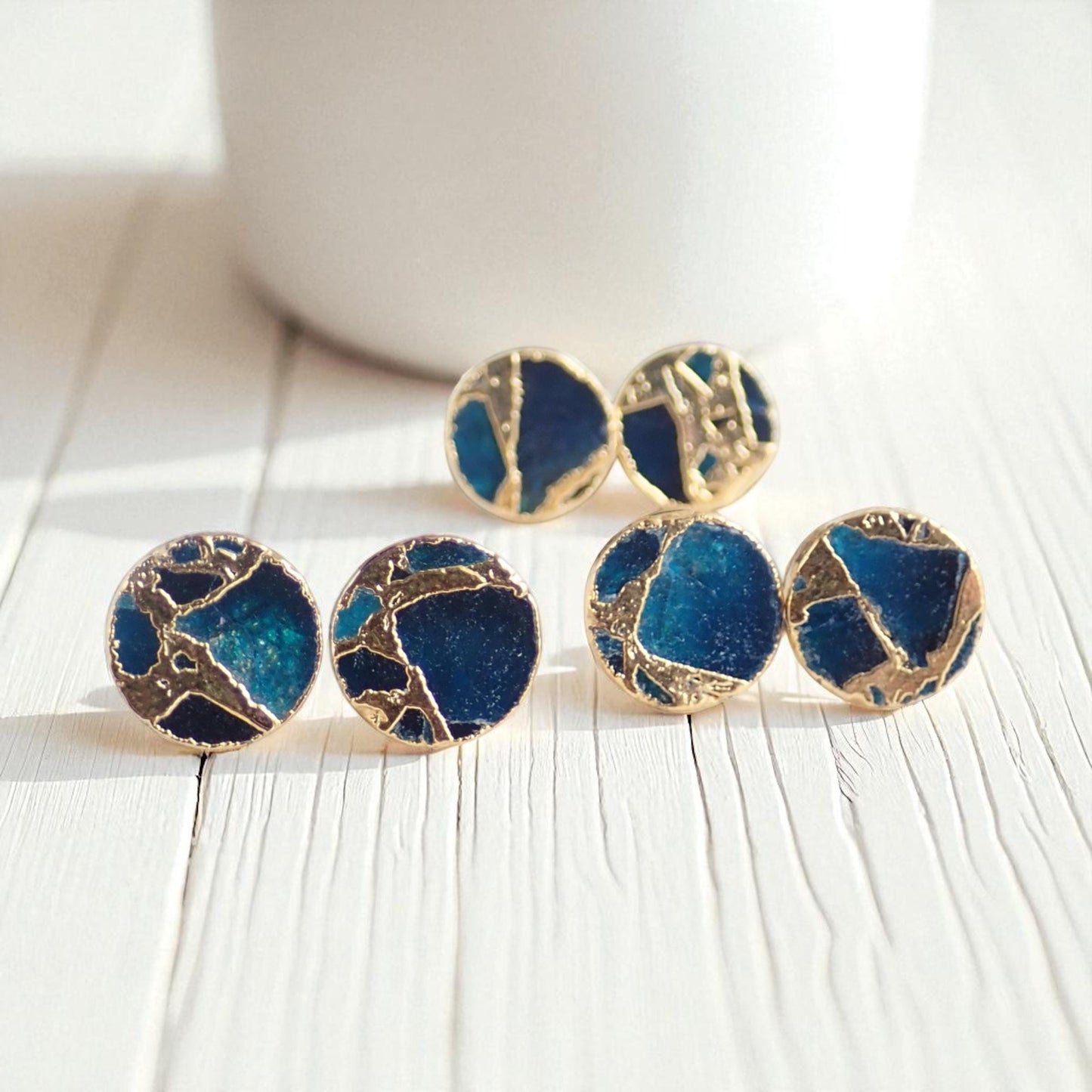 Deep Ocean Blue Mojave Turquoise Stud Earrings | Kintsugi Style Gemstone Earrings- Minimalist Boho Post Earrings - Round Gemstone Studs