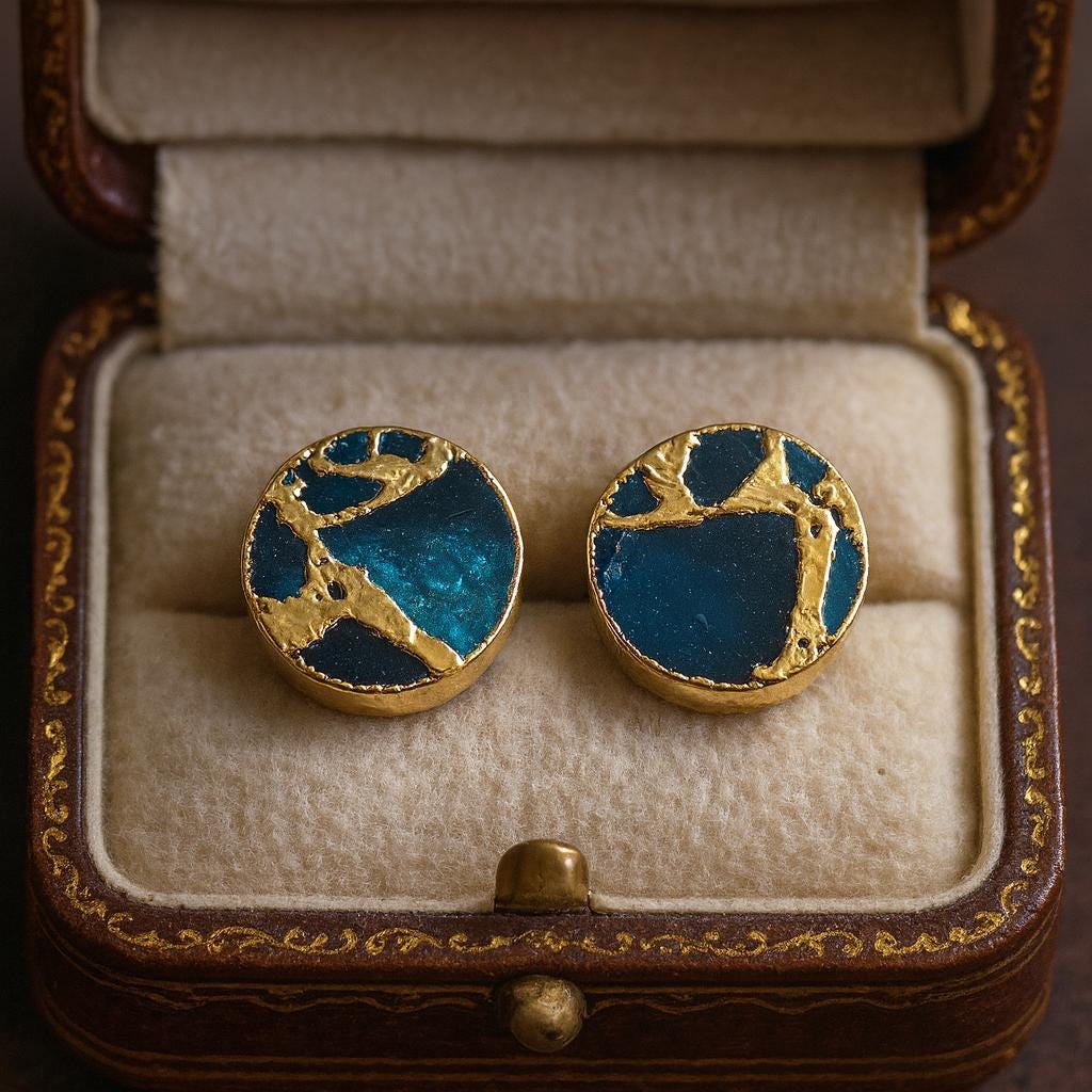 Deep Ocean Blue Mojave Turquoise Stud Earrings | Kintsugi Style Gemstone Earrings- Minimalist Boho Post Earrings - Round Gemstone Studs