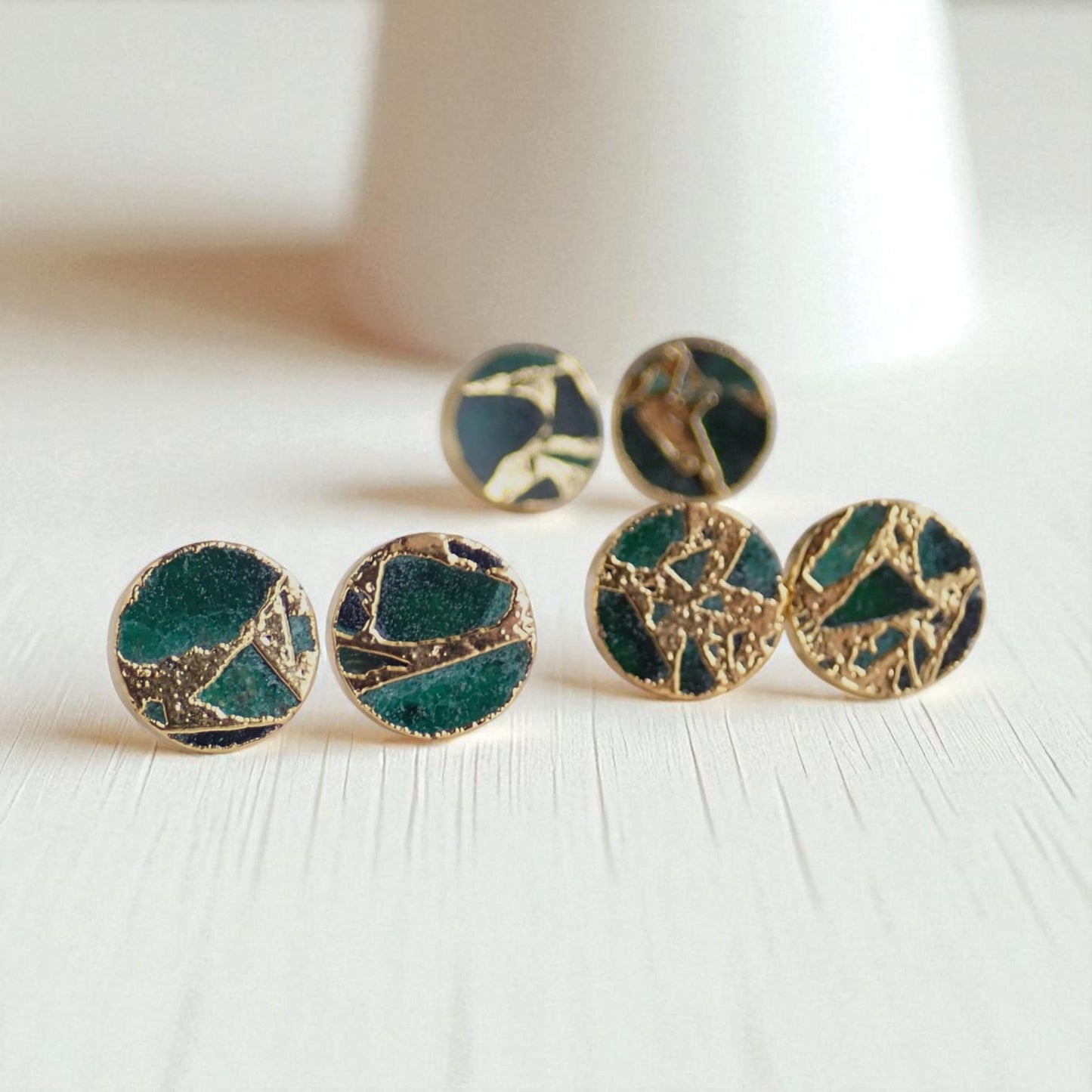 Emerald Green Mojave Turquoise Stud Earrings | Jade Kintsugi Style Gemstone Earrings,Minimalist Boho Post Earrings,Round Gemstone Studs