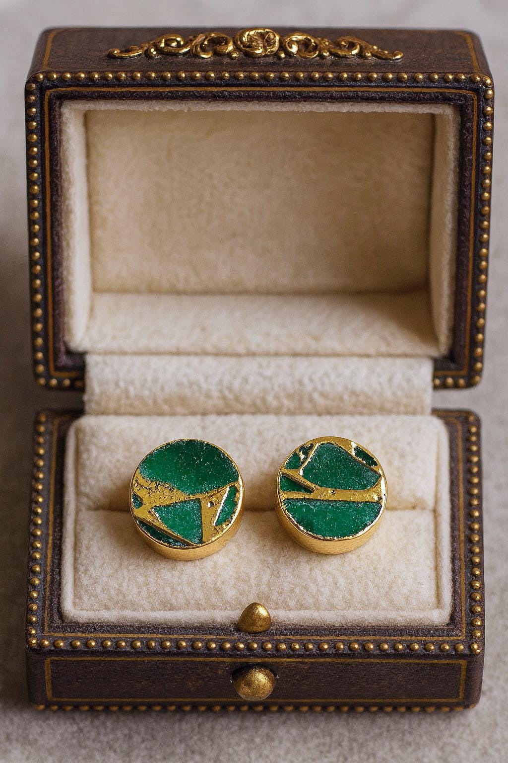 Emerald Green Mojave Turquoise Stud Earrings | Jade Kintsugi Style Gemstone Earrings,Minimalist Boho Post Earrings,Round Gemstone Studs