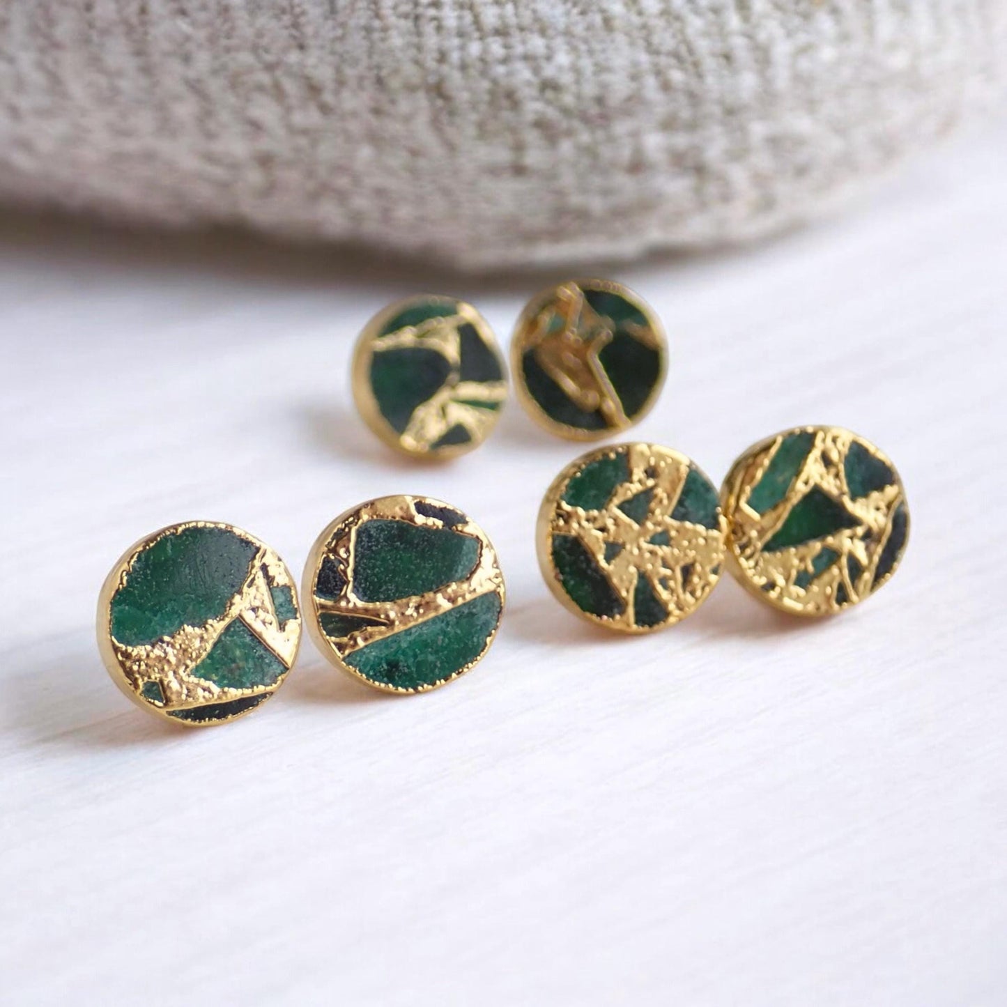 Emerald Green Mojave Turquoise Stud Earrings | Jade Kintsugi Style Gemstone Earrings,Minimalist Boho Post Earrings,Round Gemstone Studs