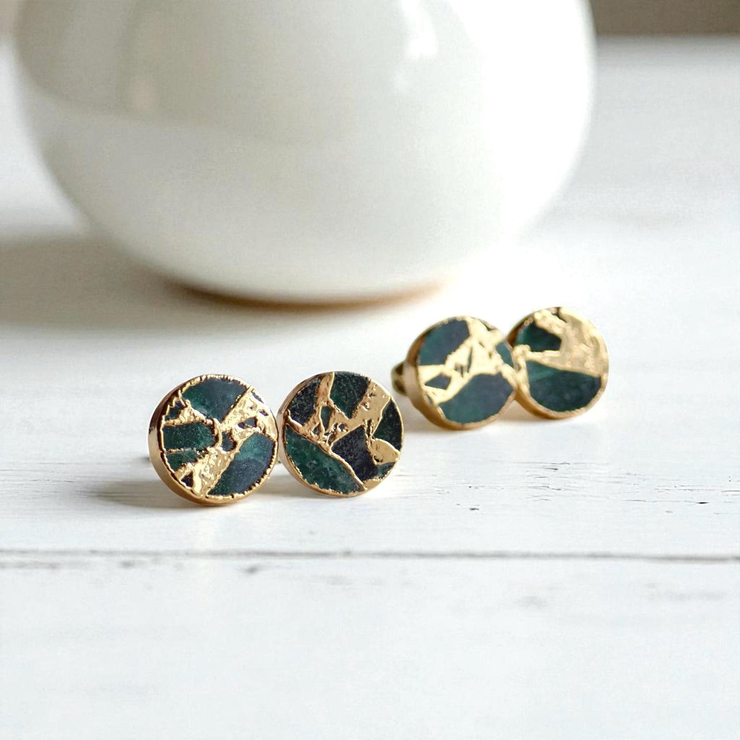 Emerald Green Mojave Turquoise Stud Earrings | Jade Kintsugi Style Gemstone Earrings,Minimalist Boho Post Earrings,Round Gemstone Studs