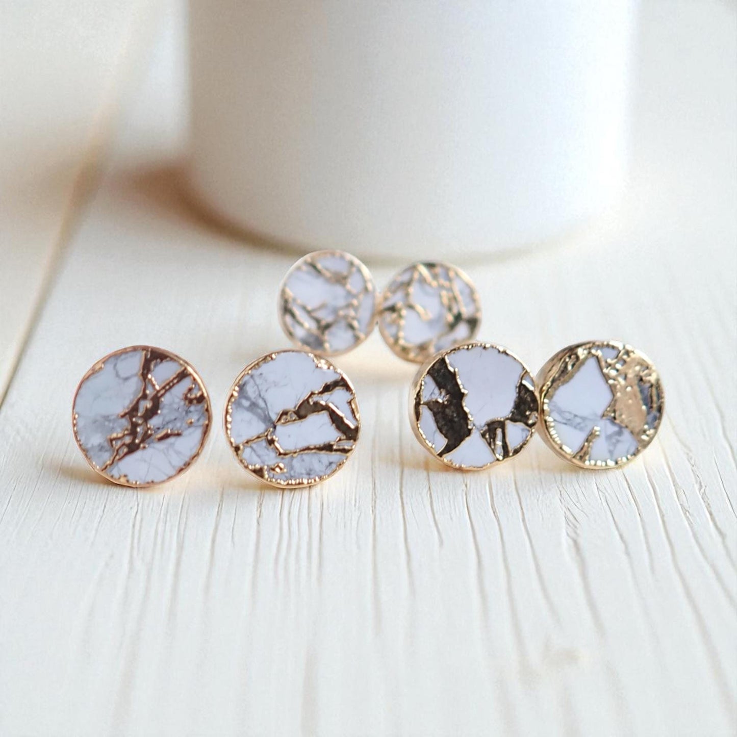White Mojave Stud Earrings, Faux Marble Round Studs Gold Vein Detail, Modern Minimalist Jewelry, Howlite Kintsugi Earrings, Gift for Her