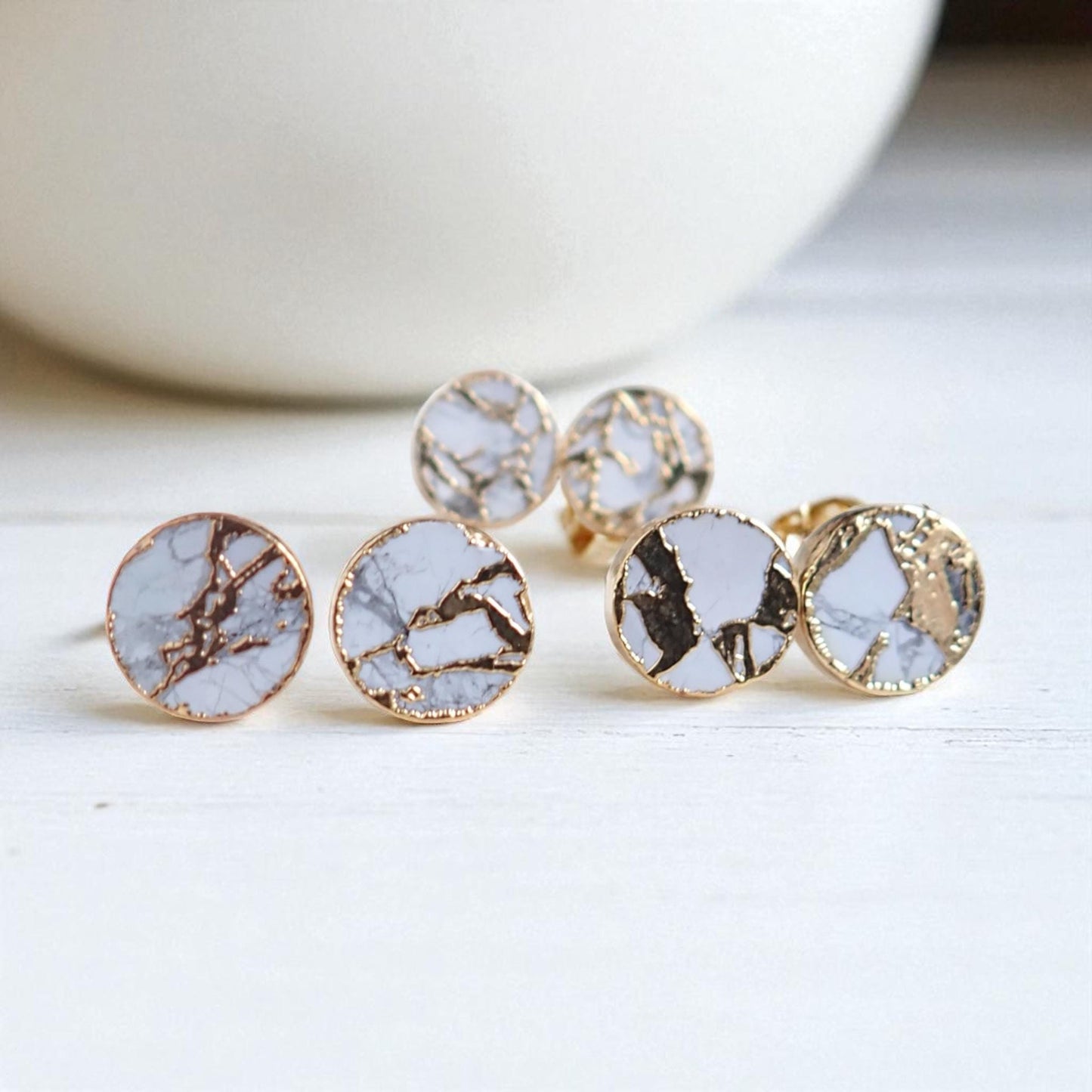 White Mojave Stud Earrings, Faux Marble Round Studs Gold Vein Detail, Modern Minimalist Jewelry, Howlite Kintsugi Earrings, Gift for Her