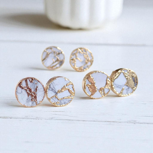 White Mojave Stud Earrings, Faux Marble Round Studs Gold Vein Detail, Modern Minimalist Jewelry, Howlite Kintsugi Earrings, Gift for Her