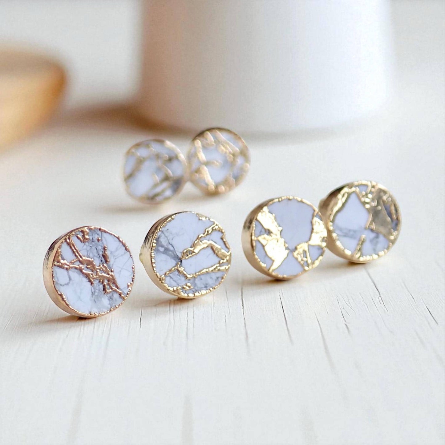 White Mojave Stud Earrings, Faux Marble Round Studs Gold Vein Detail, Modern Minimalist Jewelry, Howlite Kintsugi Earrings, Gift for Her