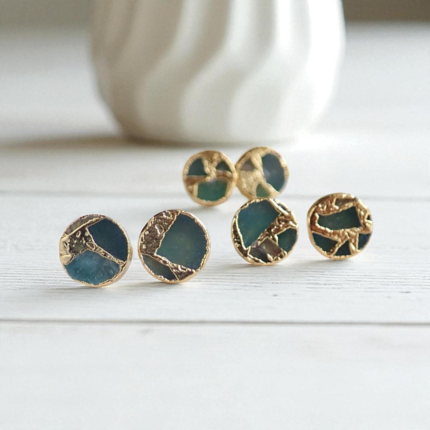 Seafoam Teal Round Stud Earrings Gold Veins – Kintsugi Inspired Jewelry, Minimalist Gemstone Earrings,Round Stone Post Earrings,Gift for Her