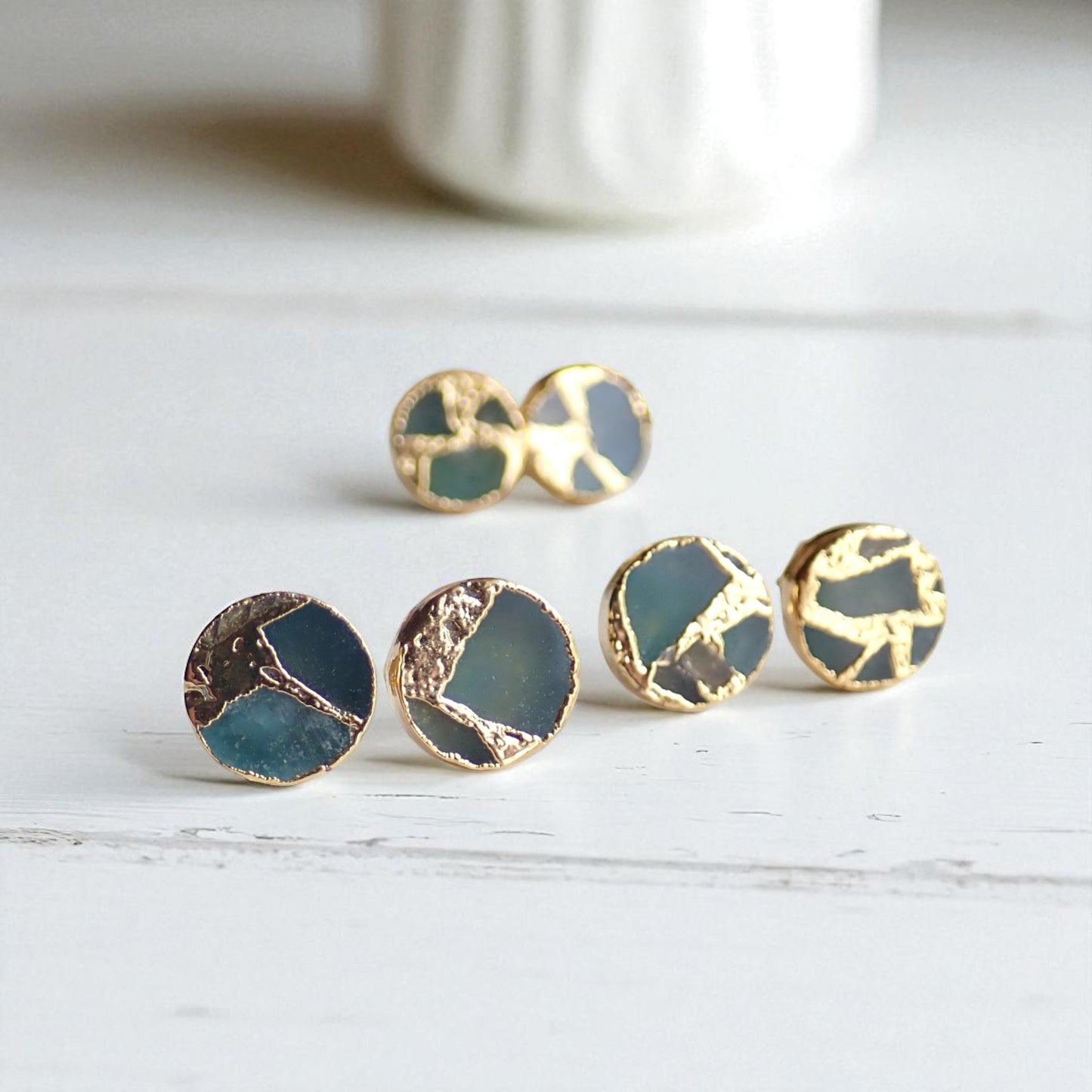 Seafoam Teal Round Stud Earrings Gold Veins – Kintsugi Inspired Jewelry, Minimalist Gemstone Earrings,Round Stone Post Earrings,Gift for Her