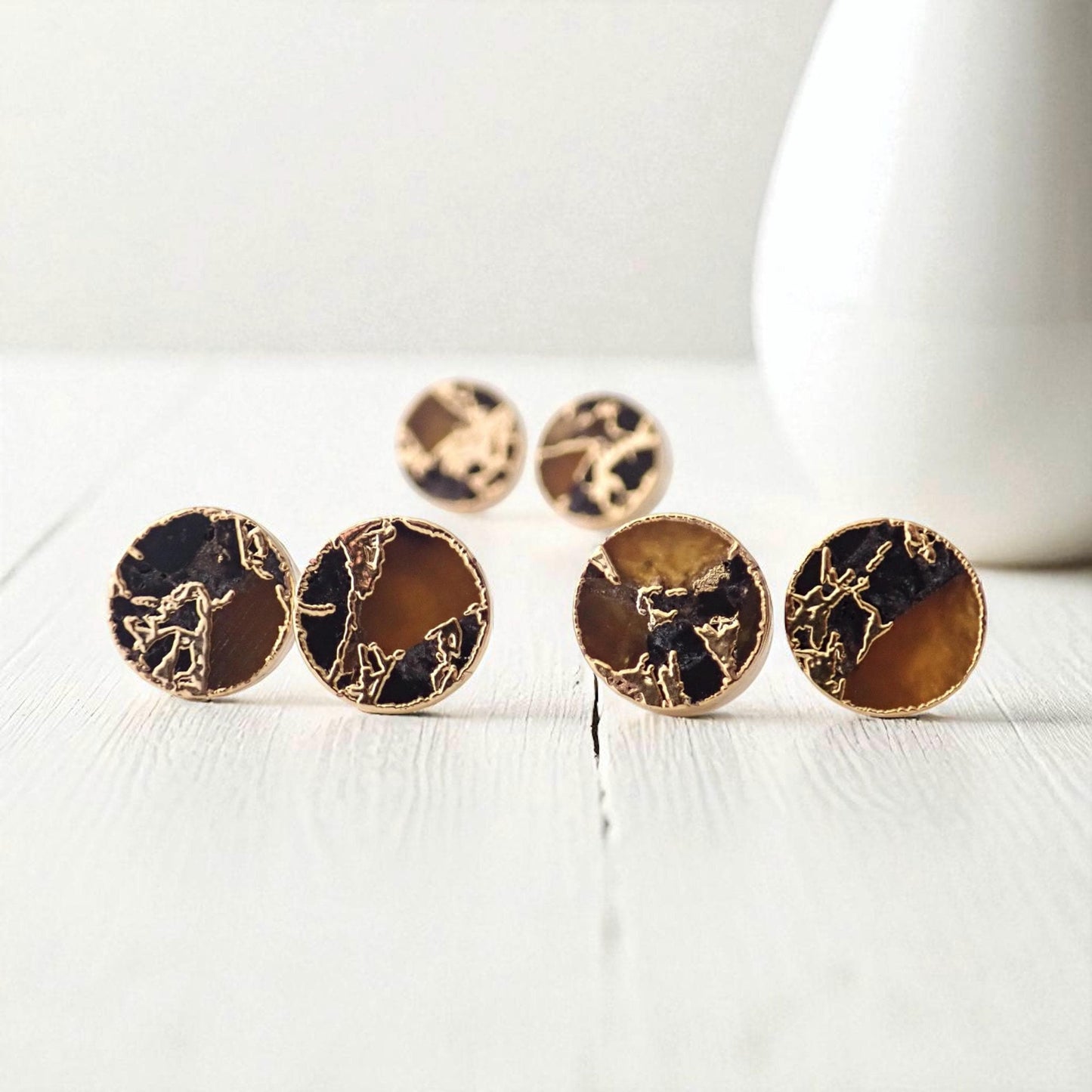 Gold Citrine & Black Jade Stud Earrings – Mojave Gemstone Post Earrings – Kintsugi Style Round Earrings – Unique Minimalist Jewelry for Her