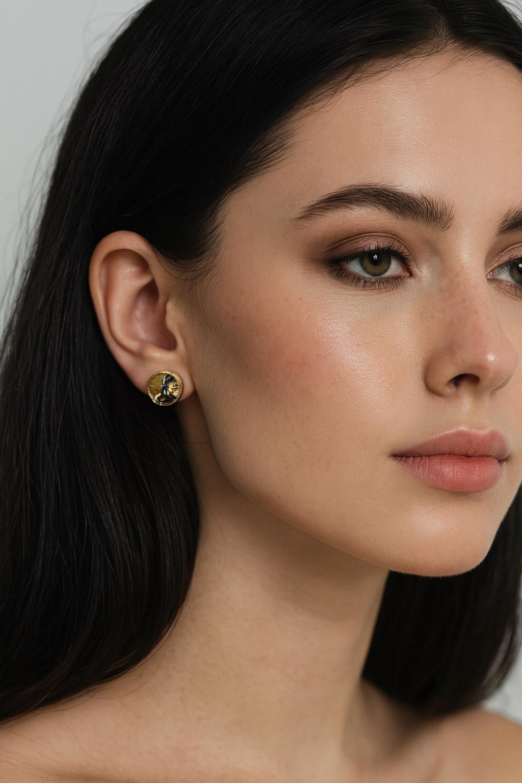 Gold Citrine & Black Jade Stud Earrings – Mojave Gemstone Post Earrings – Kintsugi Style Round Earrings – Unique Minimalist Jewelry for Her