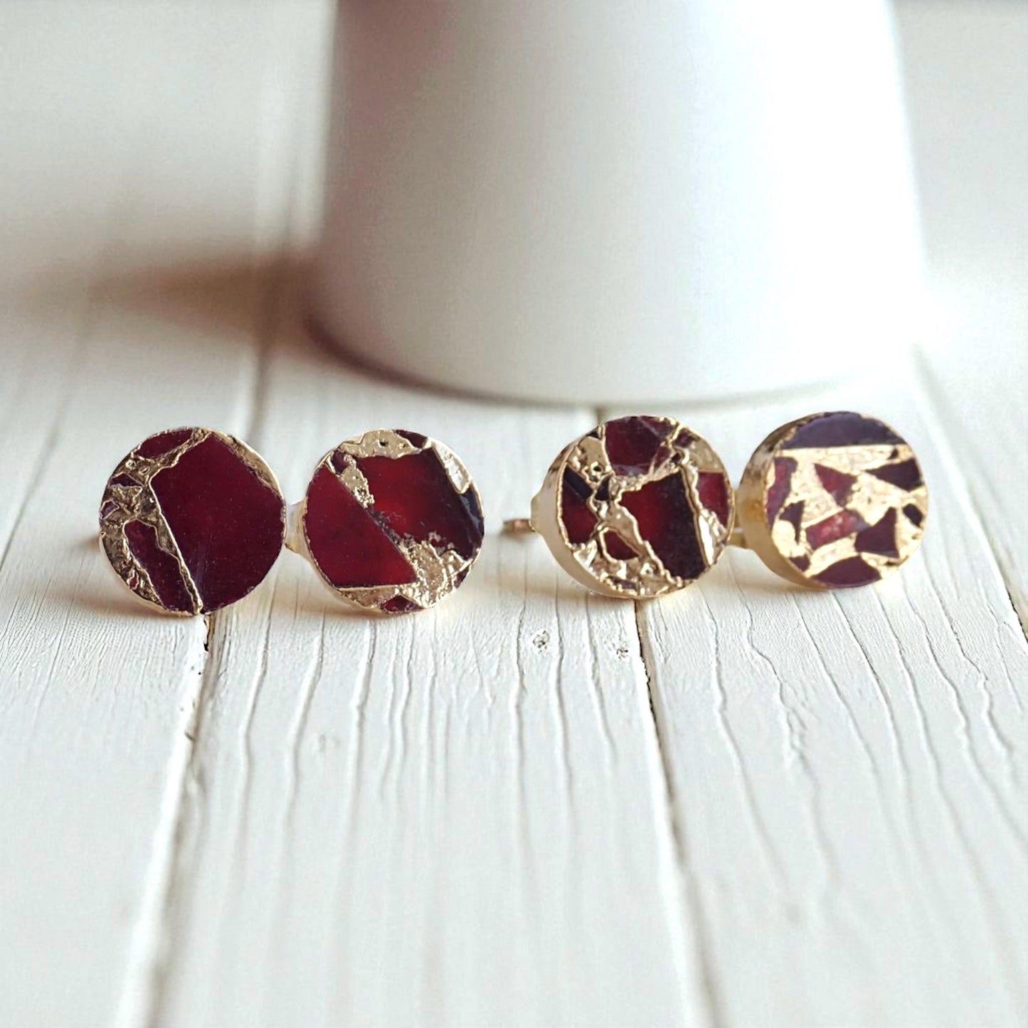 Ruby Red Mojave Stud Earrings – Round Gemstone Studs| Boho Minimalist Jewelry, January Birthstone Gift for Her, Kintsugi Post Earrings