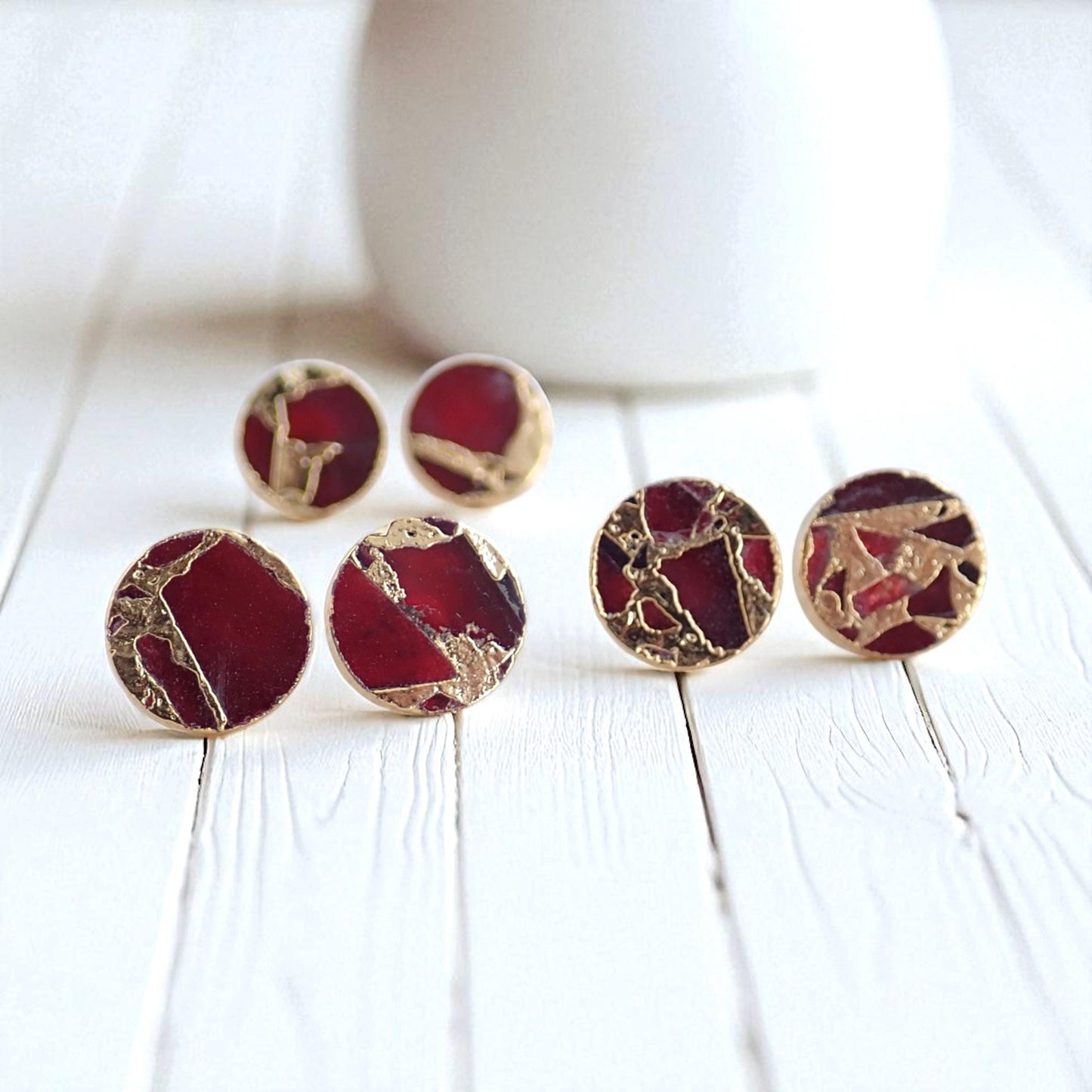 Ruby Red Mojave Stud Earrings – Round Gemstone Studs| Boho Minimalist Jewelry, January Birthstone Gift for Her, Kintsugi Post Earrings