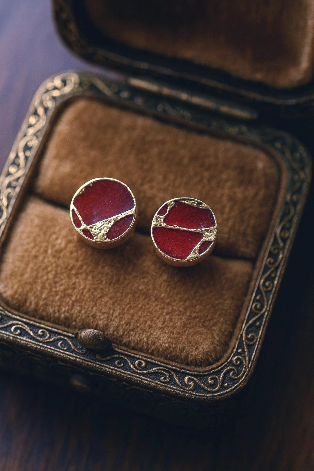 Ruby Red Mojave Stud Earrings – Round Gemstone Studs| Boho Minimalist Jewelry, January Birthstone Gift for Her, Kintsugi Post Earrings