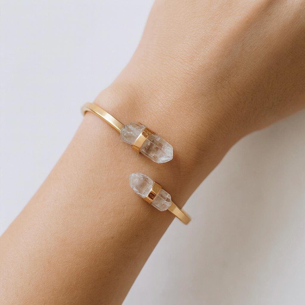 Raw Quartz Point Cuff Bracelet | Double Crystal Bracelet, Minimalist Adjustable Gemstone Open Cuff
