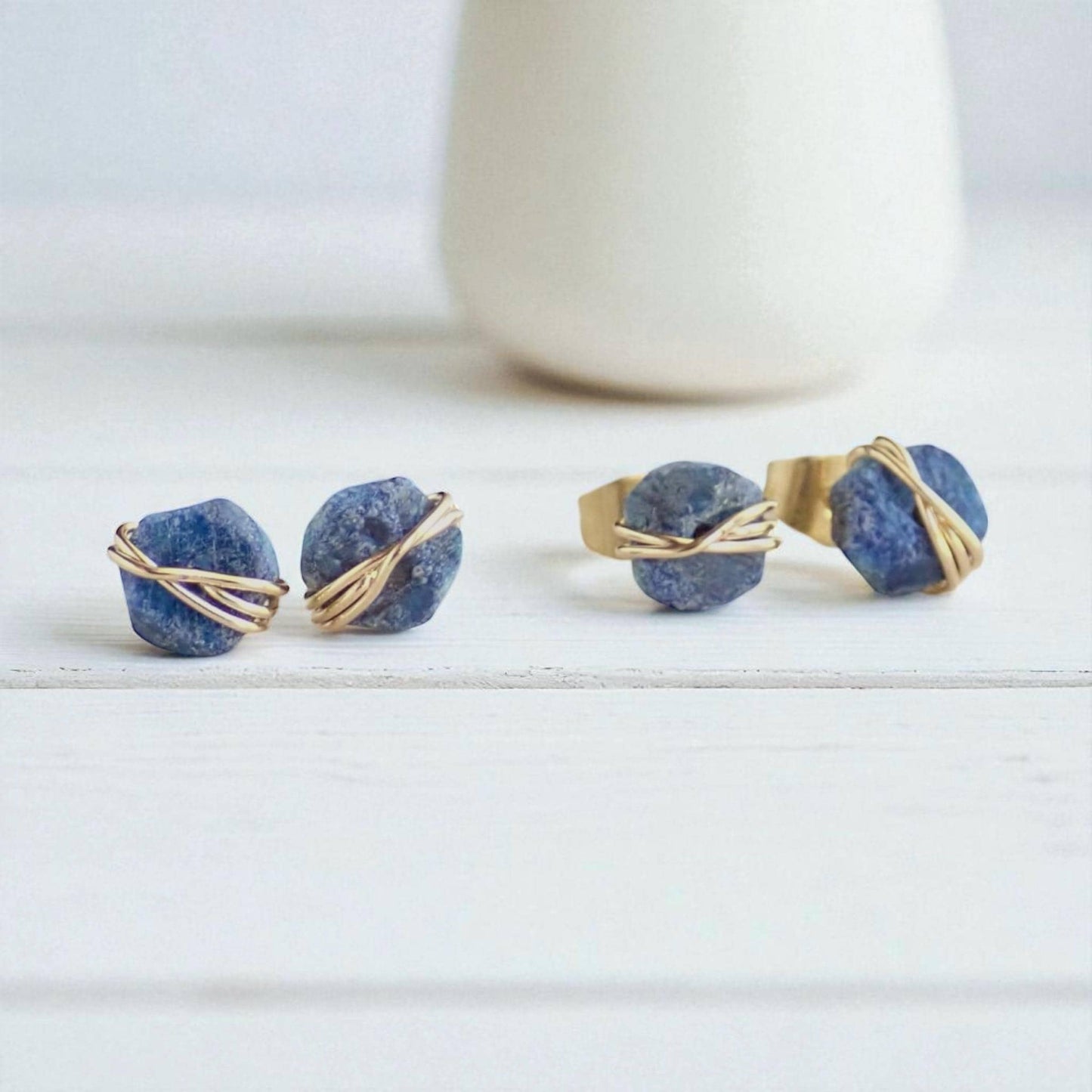Raw Sapphire Stud Earrings • 14k Gold Filled Wire Wrapped Gemstone Posts • September Birthstone Jewelry