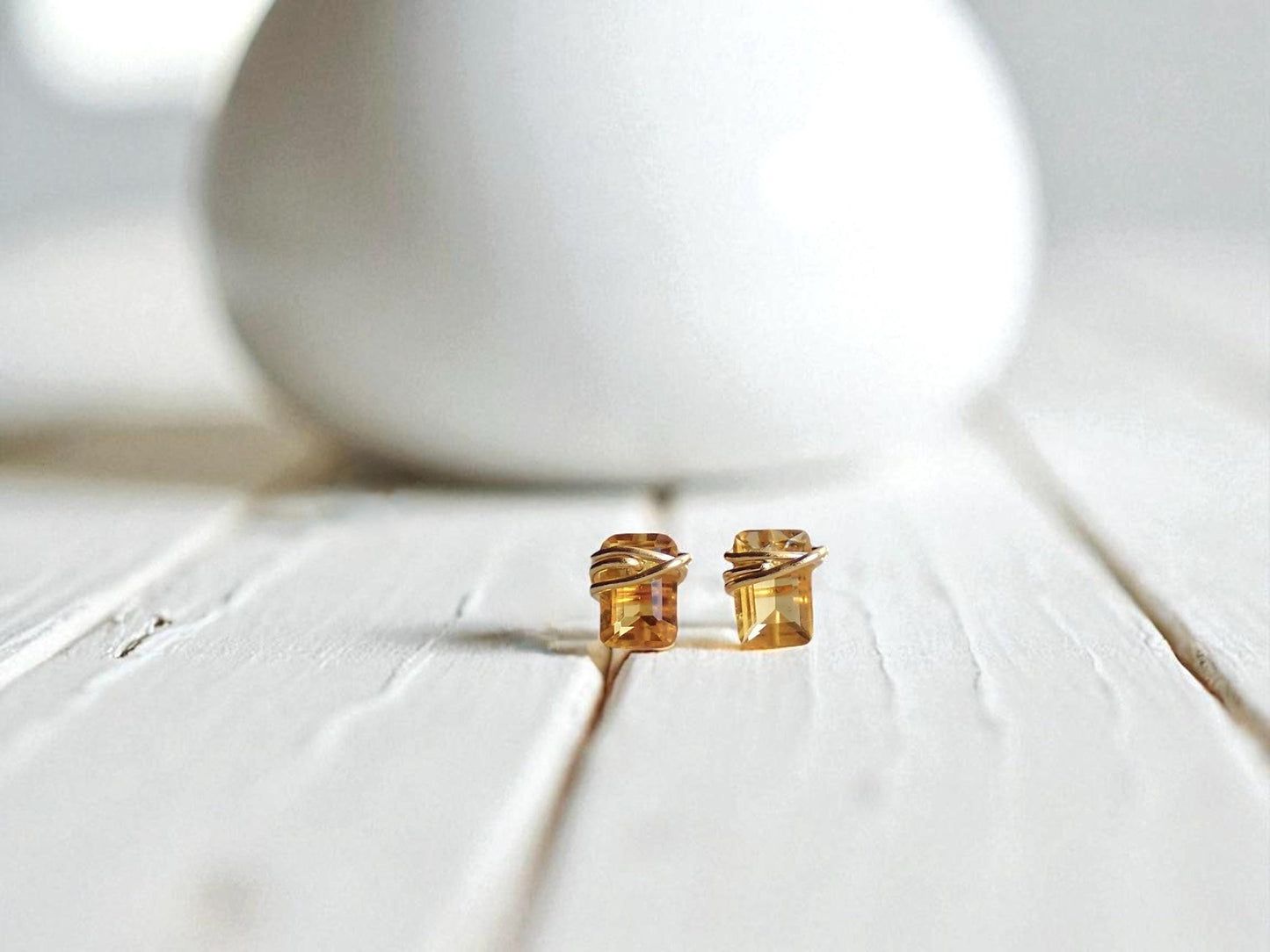 Dainty Citrine Stud Earrings 14k Gold Fill | Tiny Yellow Gemstone Earrings | November Birthstone Jewelry,Wire Wrapped Gemstone Post Earrings