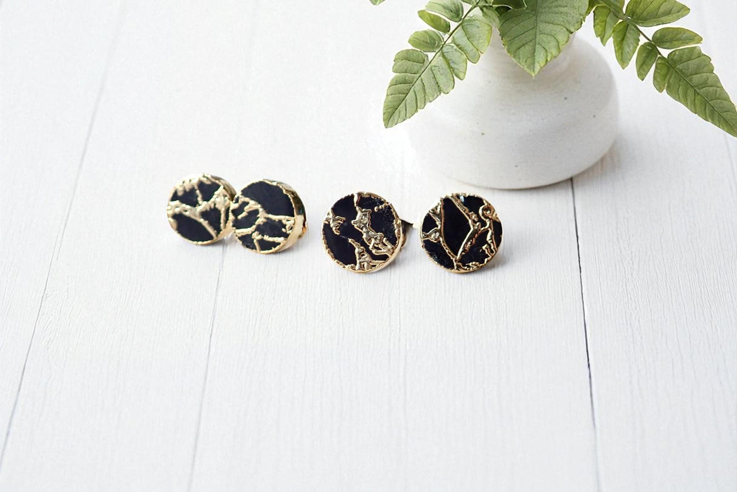 Mojave Gemstone Post Earrings, Black and Gold Round Stud Earrings – Modern Kintsugi Inspired Statement Jewelry, Minimalist Everyday Earrings