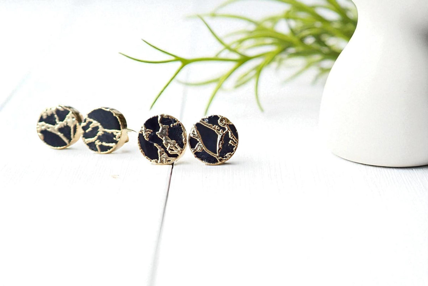 Mojave Gemstone Post Earrings, Black and Gold Round Stud Earrings – Modern Kintsugi Inspired Statement Jewelry, Minimalist Everyday Earrings