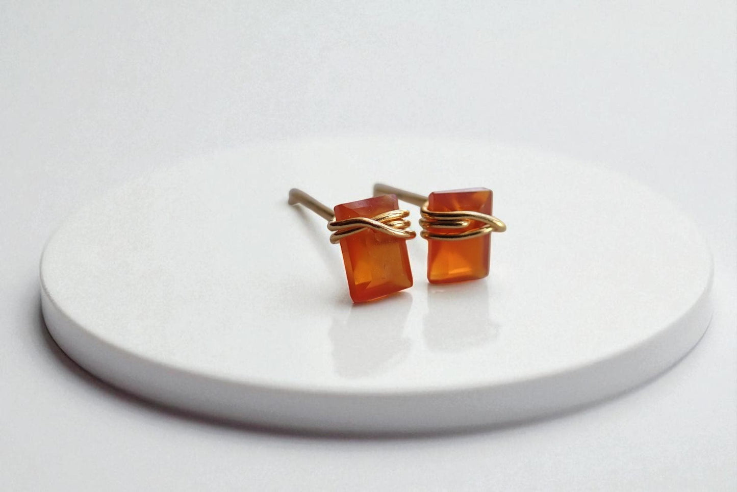 Tiny Carnelian or Citrine Stud Earrings 14k Gold Fill, Dainty Orange Gemstone Earrings,Carnelian Jewelry,Wire Wrapped Gemstone Post Earrings