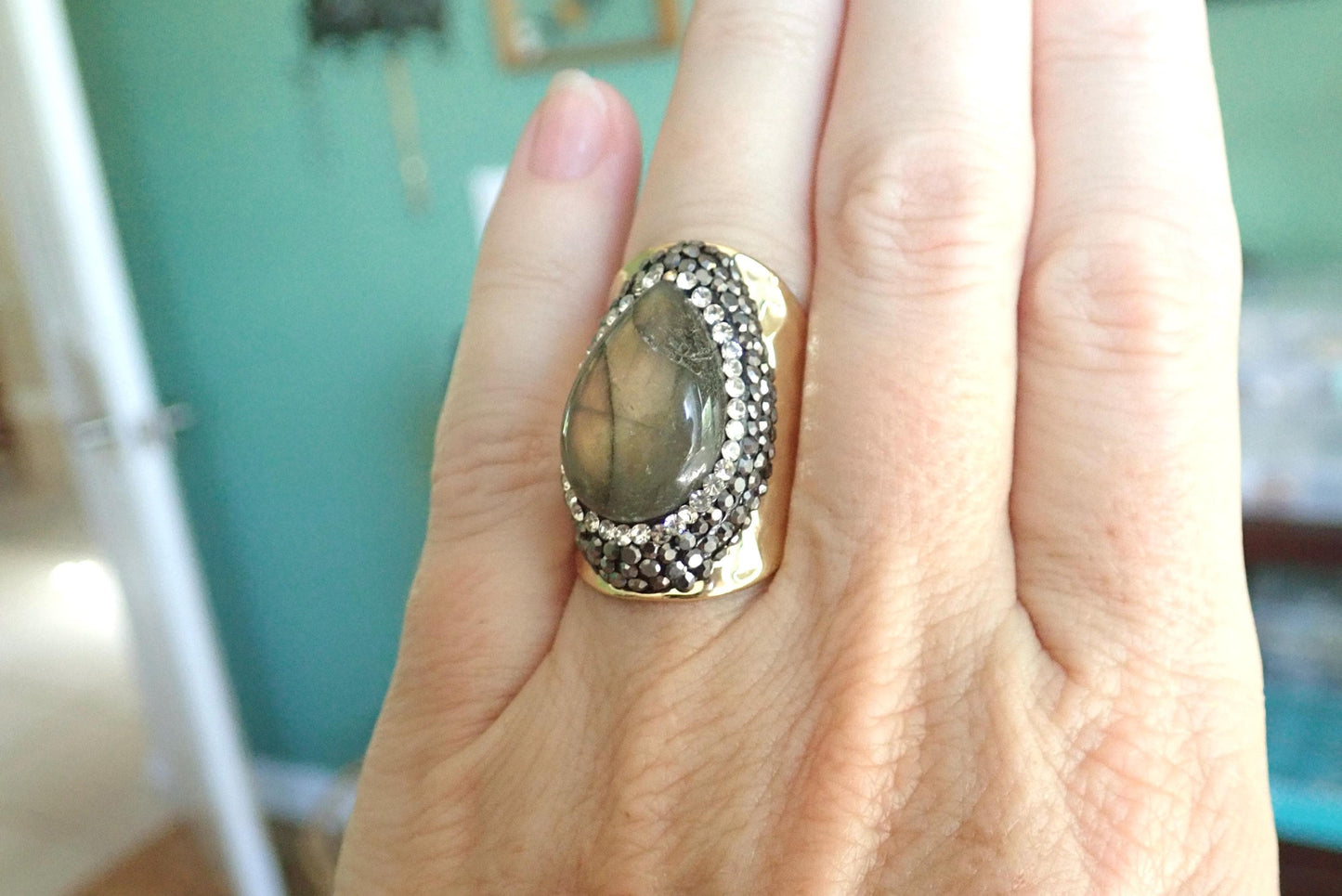 Labradorite Ring - Large Gemstone Ring, Chunky Gold Ring,Cigar Ring
