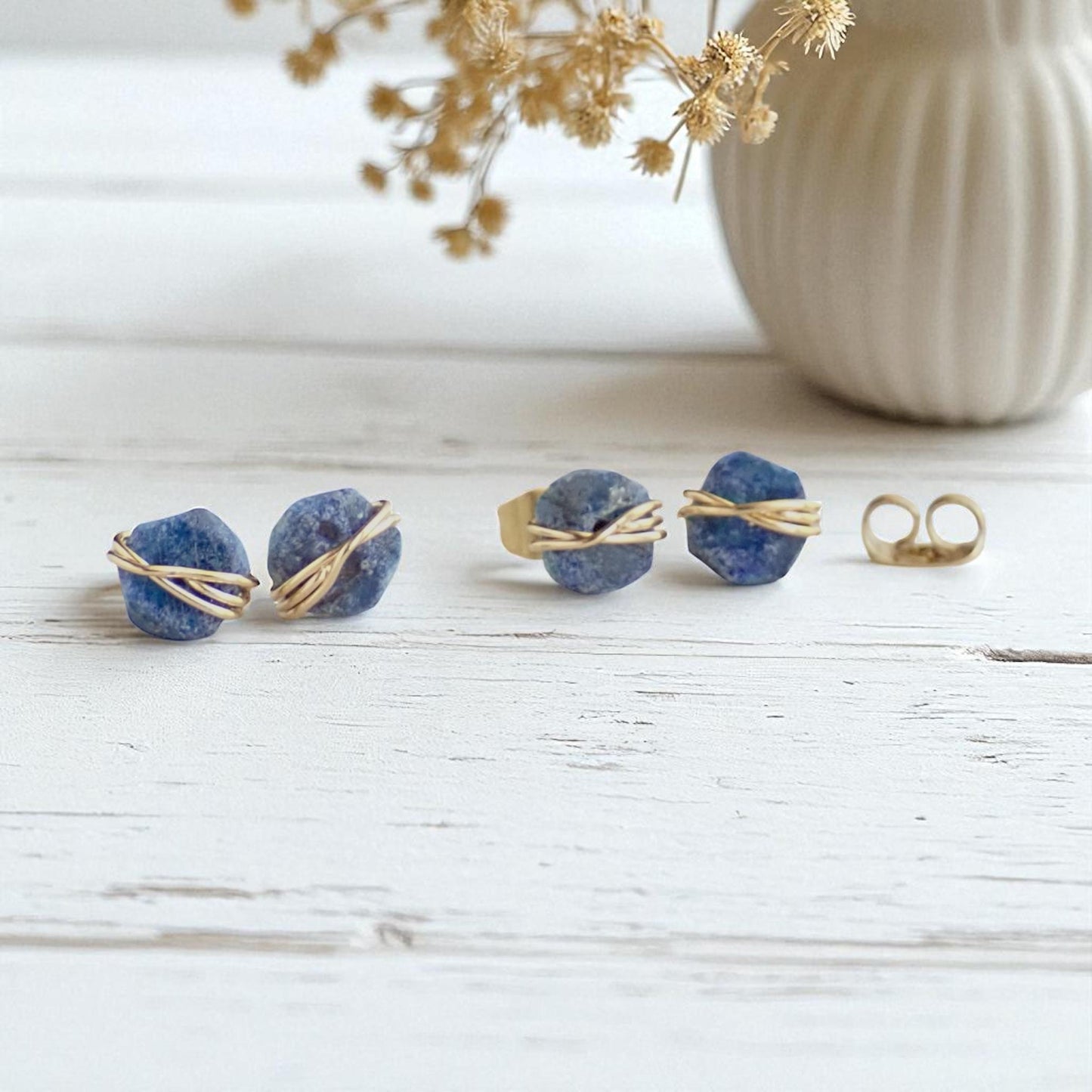 Raw Sapphire Stud Earrings • 14k Gold Filled Wire Wrapped Gemstone Posts • September Birthstone Jewelry