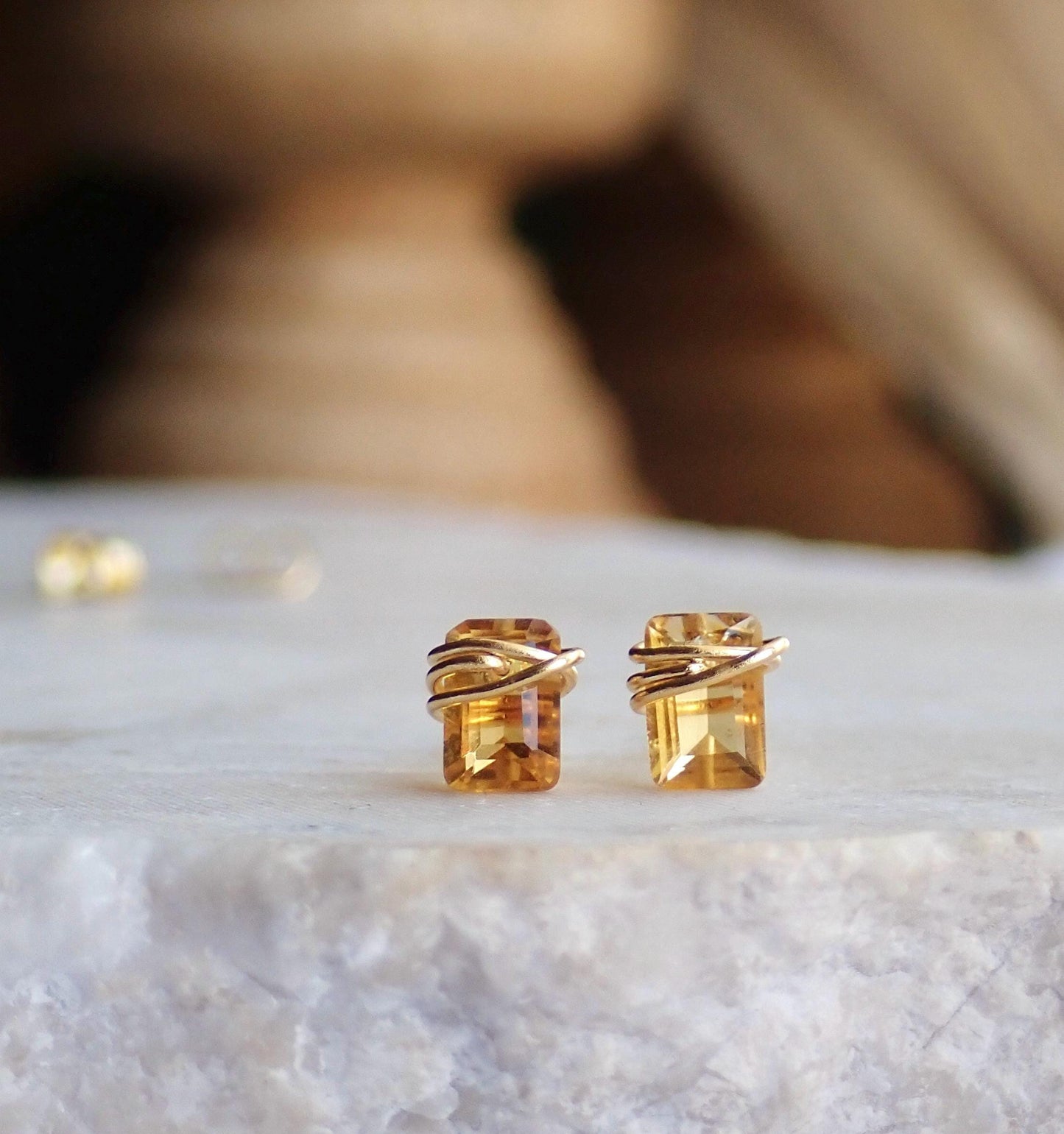 Dainty Citrine Stud Earrings 14k Gold Fill | Tiny Yellow Gemstone Earrings | November Birthstone Jewelry,Wire Wrapped Gemstone Post Earrings