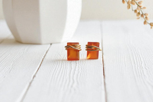 Tiny Carnelian or Citrine Stud Earrings 14k Gold Fill, Dainty Orange Gemstone Earrings,Carnelian Jewelry,Wire Wrapped Gemstone Post Earrings