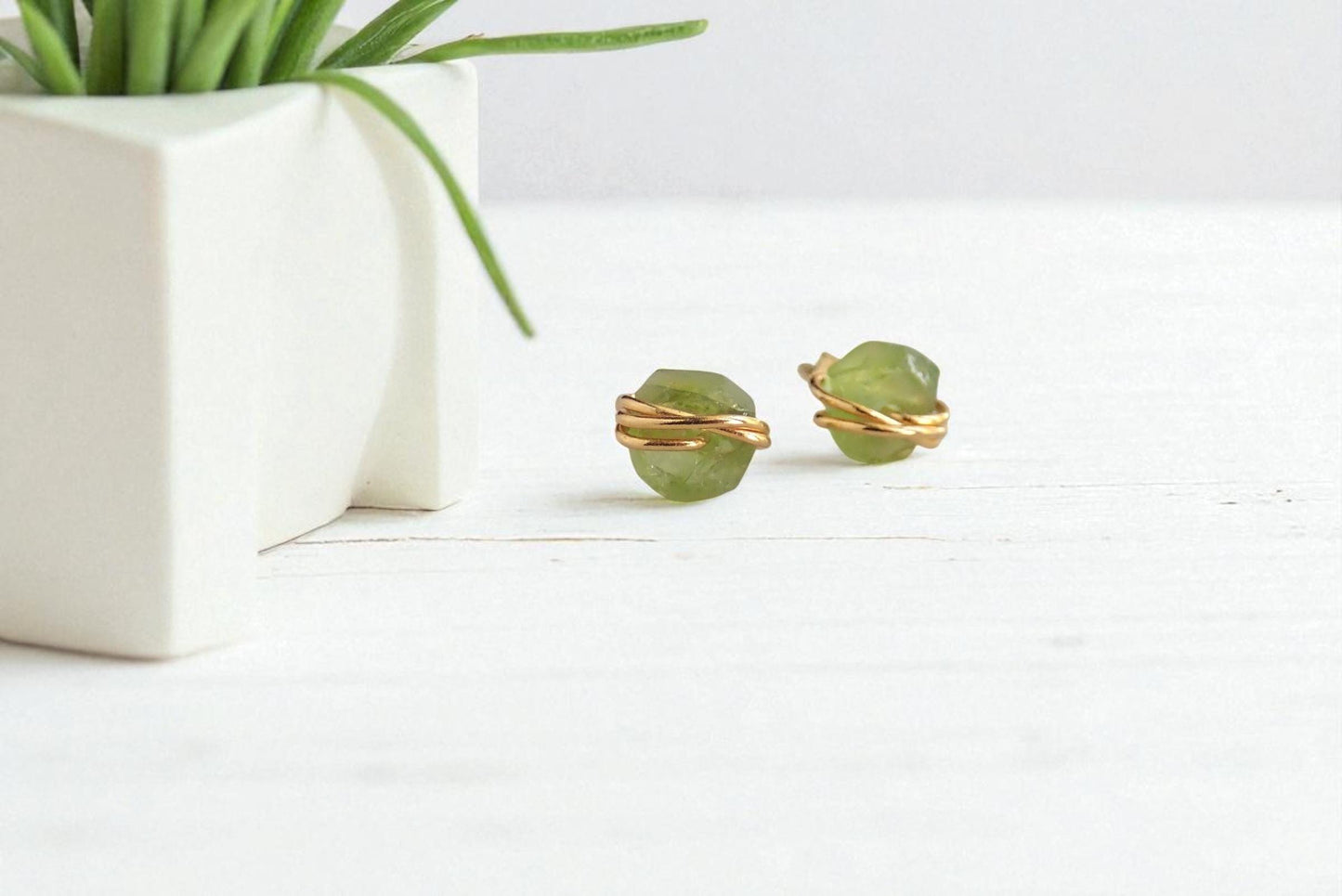 Tiny Peridot or Sapphire Stud Earrings, 14k Gold Filled Wire Wrapped Gemstone Posts,August Birthstone Jewelry,Dainty Natural Crystal Earring
