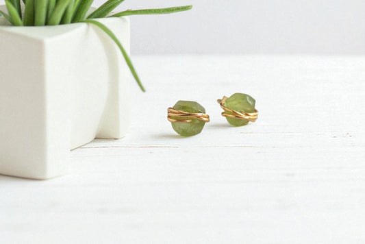 Tiny Peridot or Sapphire Stud Earrings, 14k Gold Filled Wire Wrapped Gemstone Posts,August Birthstone Jewelry,Dainty Natural Crystal Earring