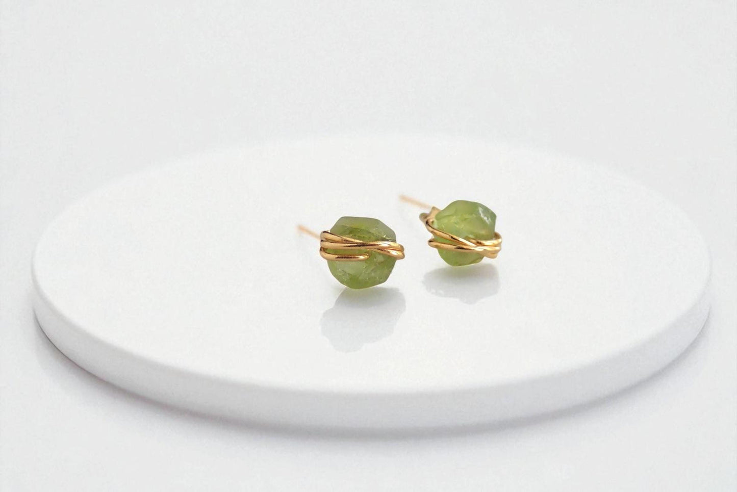 Tiny Peridot or Sapphire Stud Earrings, 14k Gold Filled Wire Wrapped Gemstone Posts,August Birthstone Jewelry,Dainty Natural Crystal Earring