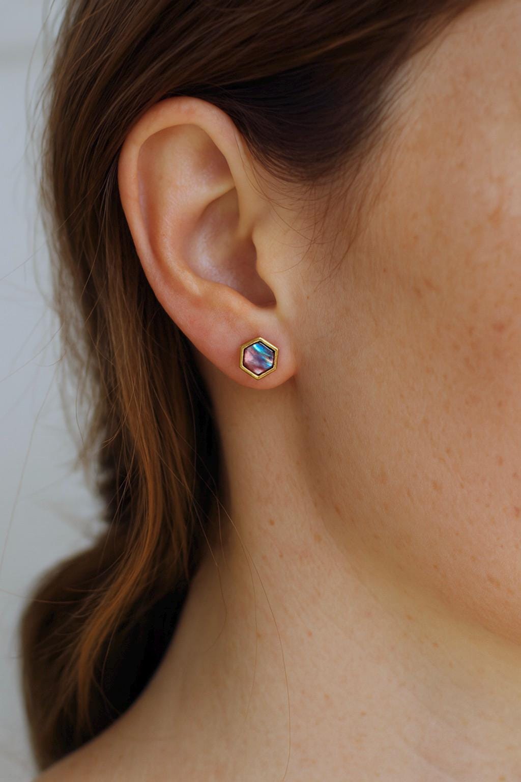 Hexagon Abalone Shell Stud Earrings in Gold – Iridescent Mother of Pearl Studs, Minimalist Geometric Earrings