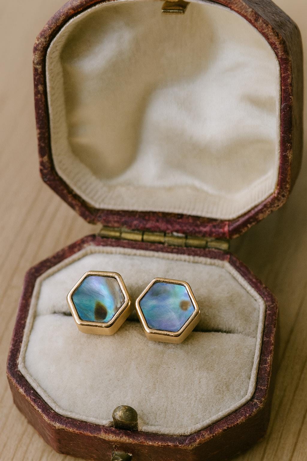 Hexagon Abalone Shell Stud Earrings in Gold – Iridescent Mother of Pearl Studs, Minimalist Geometric Earrings