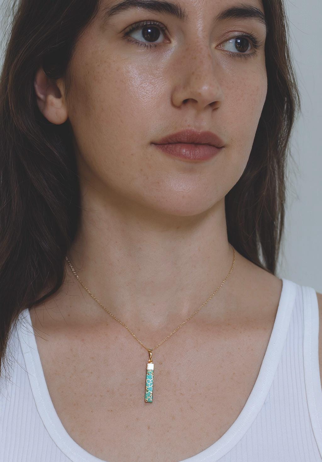 Dainty Copperized Turquoise Bar Necklace in Gold, Mojave Turquoise Pendant Necklace