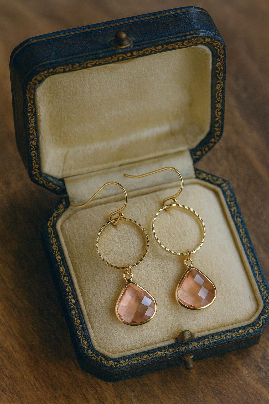 Rose Quartz Glass Dangle Hoop Earrings, Gold Hoop Earrings with Crystal Teardrop Charm, Gemstone Dangle Earrings, Jewelry Gift for Her
