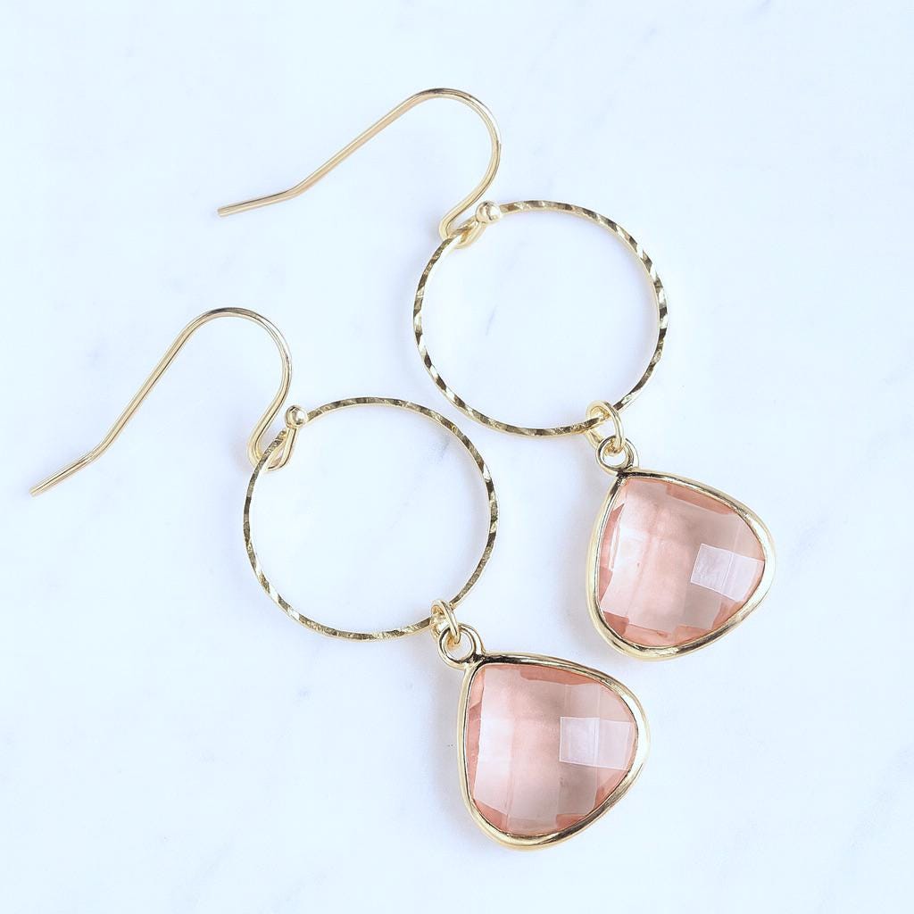 Rose Quartz Glass Dangle Hoop Earrings, Gold Hoop Earrings with Crystal Teardrop Charm, Gemstone Dangle Earrings, Jewelry Gift for Her